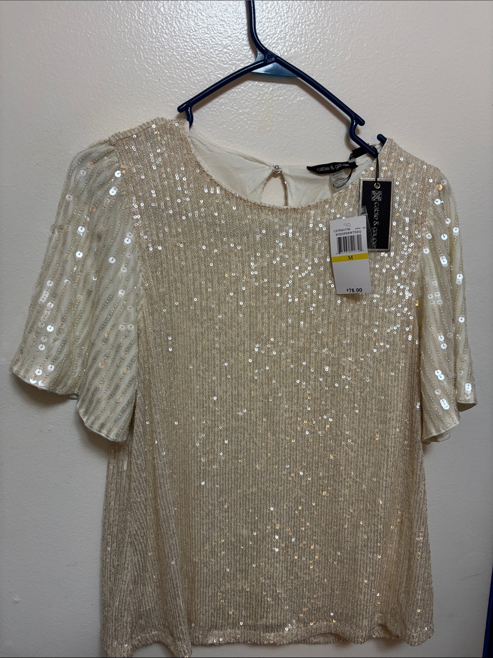 Cable and Gauge Cream Sequin Flutter Sleeve Blouse